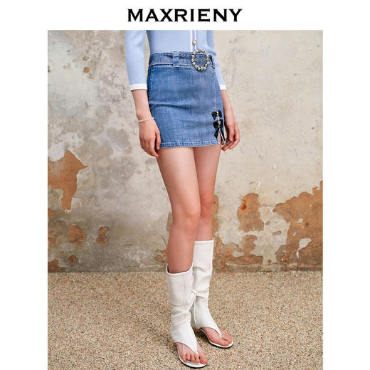 MAXRIENY精致复古氛围感蝴蝶结开叉牛仔半裙秋季牛仔短裙(货号:MS88SK555) 商品图2