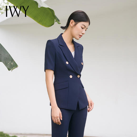 IWY/藏青色短袖西装套装西服外套女高级商务修身经理上班ol两件套C13216+P33216 商品图2