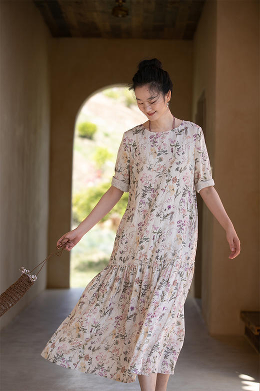 牧衣游原创 印花亚麻连衣裙女夏新款轻薄宽松浪漫气质碎花裙 祈语 商品图5