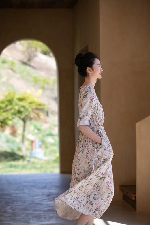牧衣游原创 印花亚麻连衣裙女夏新款轻薄文艺宽松碎花长裙 樱主 商品图5