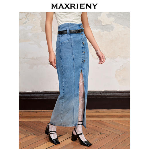 MAXRIENY高腰斜开叉牛仔长裙早秋小众设计感半裙(货号:MC88SK613) 商品图2
