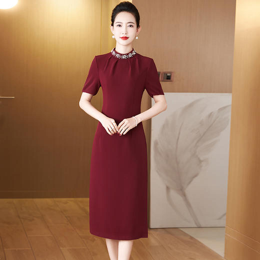 新品酒红色中长款喜婆婆嫁女儿婚宴礼服妈妈装连衣裙 LC2428 商品图2