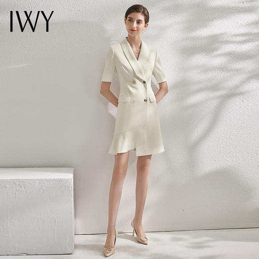 IWY/夏杏色职业连衣裙女短袖设计感修身西装裙播音面试正装美容院Q11255 商品图4
