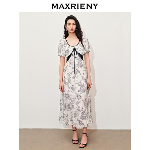 玛克门店发货:MAXRIENY国风手绘复古色蕾丝装饰连衣裙桑蚕丝裙子(货号:MC85DR263) 商品图1
