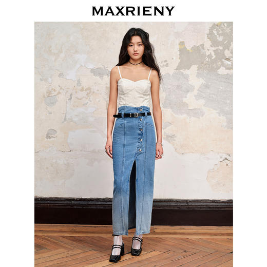 MAXRIENY高腰斜开叉牛仔长裙早秋小众设计感半裙(货号:MC88SK613) 商品图1