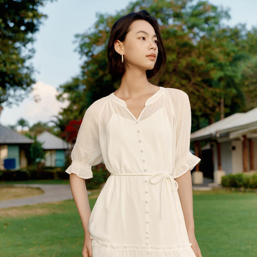 【严选】伊芙丽设计感蛋糕裙A型腰带收腰仙女裙2024春装新款气质连衣裙1F4990711 商品图1