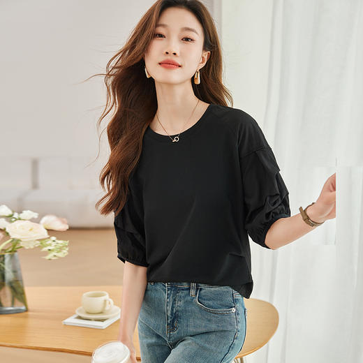 CCML-3365港风别致全棉上衣女夏季圆领拼接小衫薄款妈妈针织衫五分袖t恤薄 商品图1