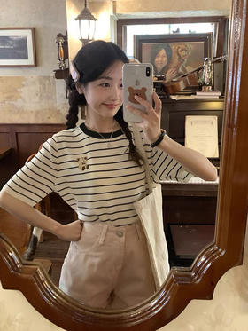 【YW】无忧购韩版百搭条纹小熊刺绣圆领宽松休闲打底上衣0923（截单后7天发货)