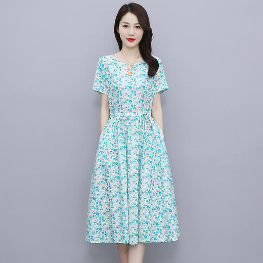 HT-6252棉麻短袖连衣裙2024夏收腰显瘦时尚气质甜美印花裙子 商品图5
