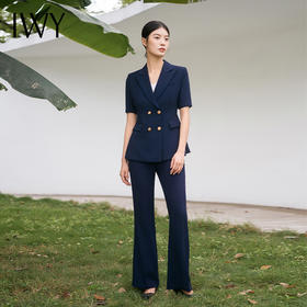 IWY/高端藏青色西装套装短袖职业西付外套商务干练微喇裤装两件套C13208+P33208