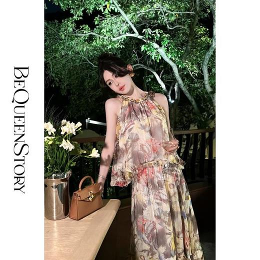 BeQueenStory【莫奈繁花】轻薄亮丝绉圆领金属装饰复古时尚休闲套装 商品图0