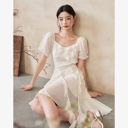 文艺甜美提花肌理感荷叶边连衣裙夏季出片氛围感仙女裙V0041352 商品图0