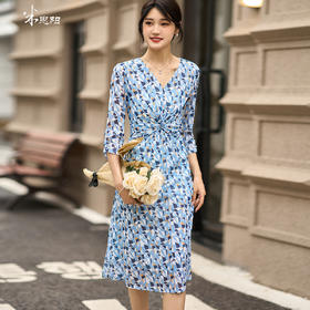 米思阳2025夏季新款优雅气质V领连衣裙设计感七分袖A字裙女1254