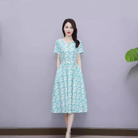 HT-6252棉麻短袖连衣裙2024夏收腰显瘦时尚气质甜美印花裙子