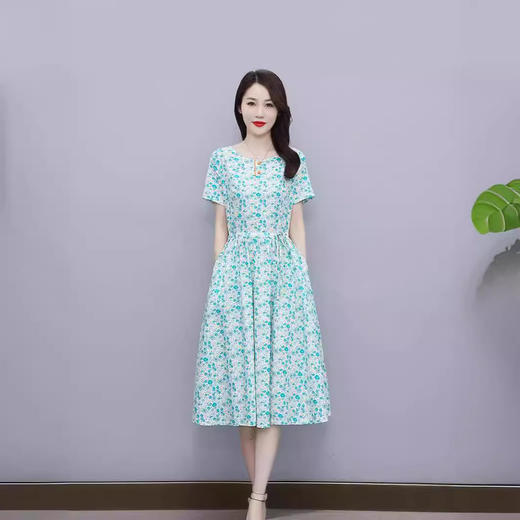 HT-6252棉麻短袖连衣裙2024夏收腰显瘦时尚气质甜美印花裙子 商品图0