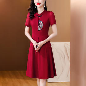 NYL-8113新中式刺绣连衣裙夏季新款时尚洋气立领拼接假两件中长裙