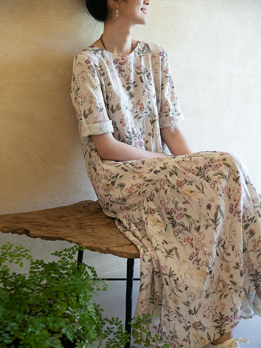 牧衣游原创 印花亚麻连衣裙女夏新款轻薄宽松浪漫气质碎花裙 祈语 商品图1