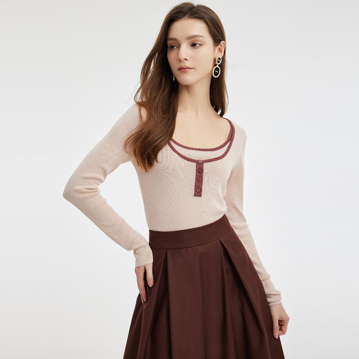 PE634斯尔丽2024春季新款软糯质感撞色假两件圆领百搭时尚减龄针织上衣 商品图0