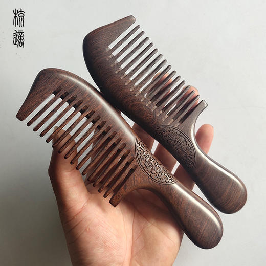 【母亲节好礼！】天然黑金檀木梳 32道工序手工打磨 雕花梳子黑金檀木梳 双面雕花长柄梳子 木质梳子-QQ--ry 商品图5