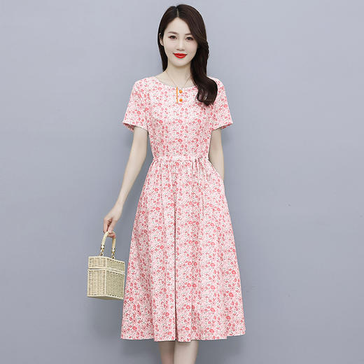 HT-6252棉麻短袖连衣裙2024夏收腰显瘦时尚气质甜美印花裙子 商品图6