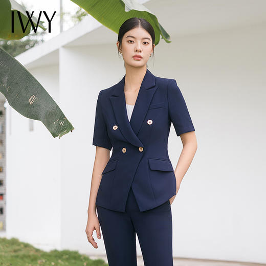 IWY/藏青色短袖西装套装西服外套女高级商务修身经理上班ol两件套C13216+P33216 商品图4