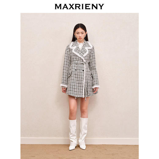 MAXRIENY精致复古黑白格纹大衣中长款肌理感小香风外套格雷系穿搭(货号:MS88JA516) 商品图2
