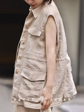 昔日 色织亚麻汉麻中长款狩猎马甲/直筒裤