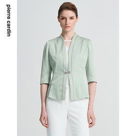 皮尔卡丹女装春季新款绿色白色长袖西服外套精致上衣C41UL04
