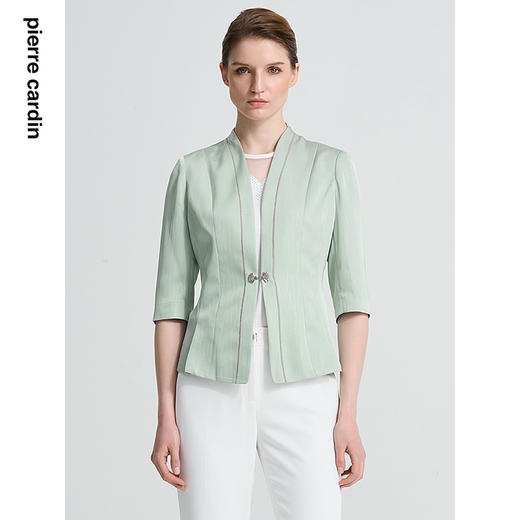 皮尔卡丹女装春季新款绿色白色长袖西服外套精致上衣C41UL04
 商品图0