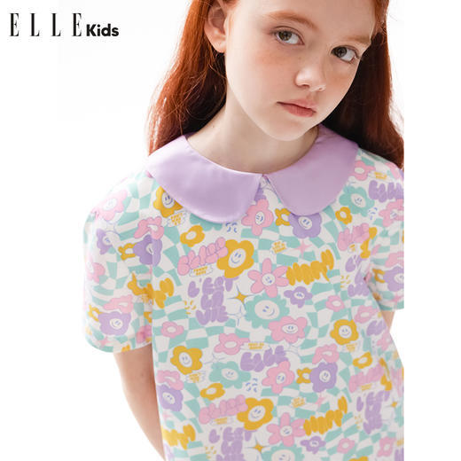 ELLEKIDS 童装 数码满印花朵娃娃领压褶连衣裙 商品图3