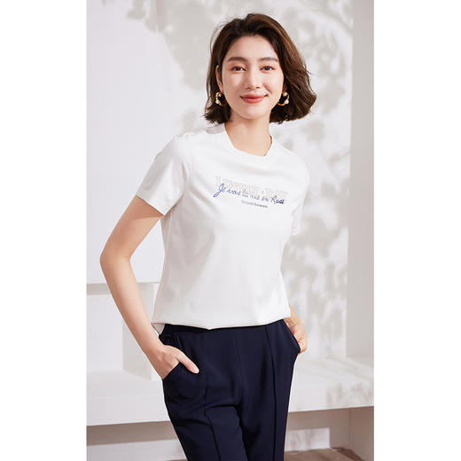 乔万尼短袖t恤女新款爆款烫钻纯棉白色正肩EM2C845 商品图1