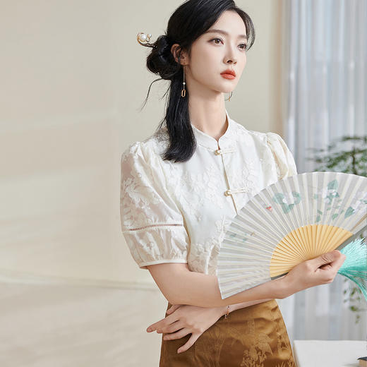 米思阳2025夏季新款新国风复古莱赛尔衬衫绣花花边设计衬衣女1675 商品图1