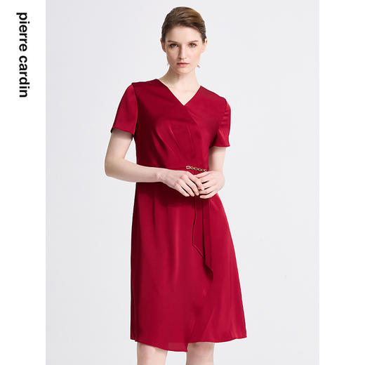 皮尔卡丹女装春季新款短袖V领藏蓝色红色气质连衣裙C41DS06
 商品图1