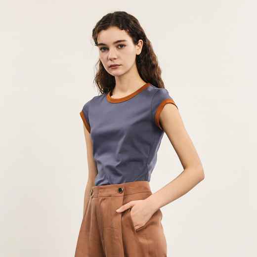 谜底修身T恤短袖女2024年夏季新品简约时尚撞色棉弹上衣242MT0580 商品图1