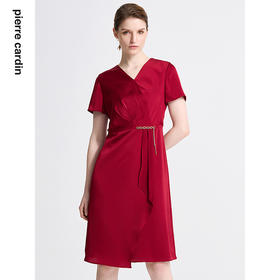 皮尔卡丹女装春季新款短袖V领藏蓝色红色气质连衣裙C41DS06
