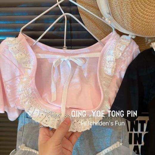 【网红款39.9/2件】女童闭眼入网红款女童花边短袖T恤衫女宝小露背上衣童装聚 商品图6