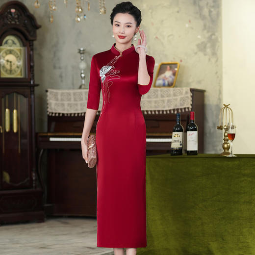 上海旗袍厂【9943】喜妈妈短袖长款旗袍2024年夏季新款结婚高贵婚宴装礼服裙 商品图2