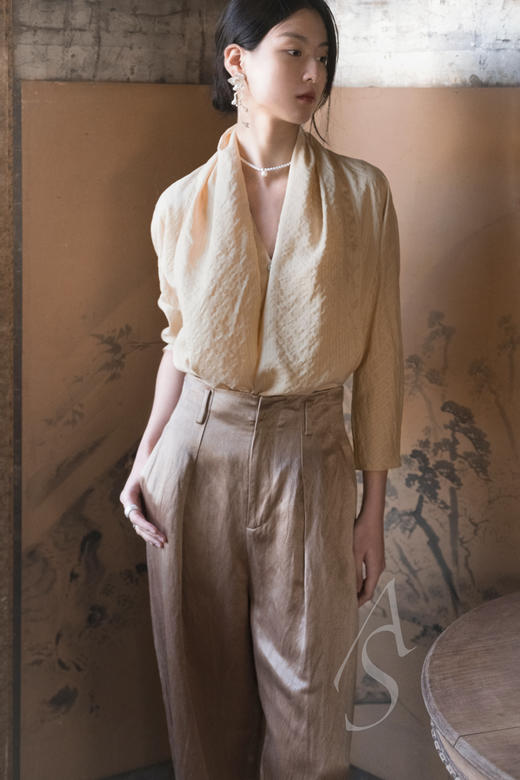 Phaedo  金粉色真丝高腰长裤 商品图1