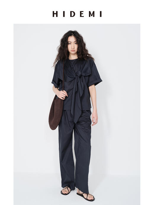 HIDEMI 小飞侠系列极简丝巾堆叠立体剪裁中袖清透感上衣阔腿裤套装 商品图0