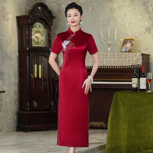 上海旗袍厂【9943】喜妈妈短袖长款旗袍2024年夏季新款结婚高贵婚宴装礼服裙 商品图3