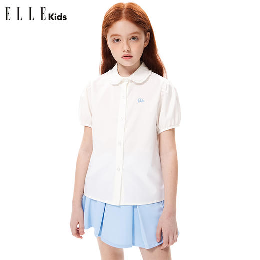 ELLEKIDS 童装 柔软薄荷垂感法式优雅娃娃领花边短袖衬衫 商品图2