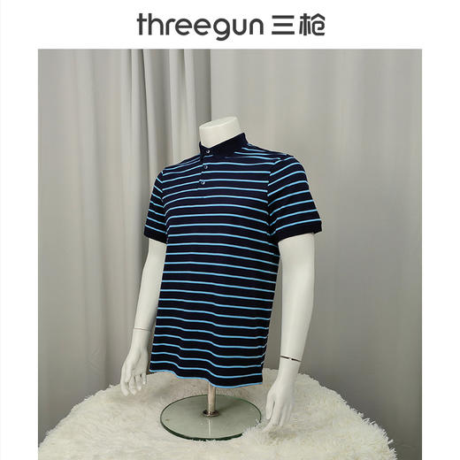 Threegun三枪 【丝柔棉】条纹珠地翻领短袖男士T恤衫-10511A011 商品图7