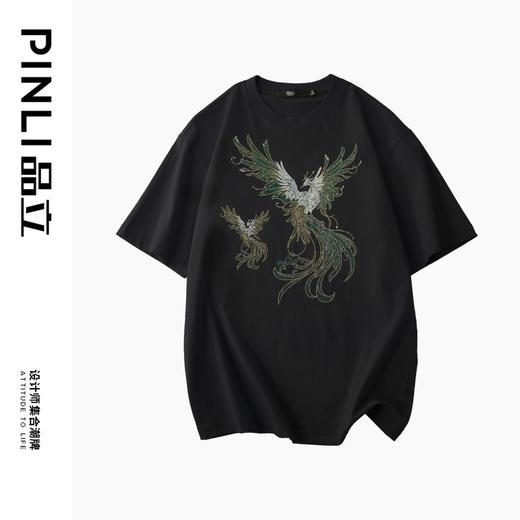 PINLI品立2024新中式夏季男士新款中国风凤凰烫钻圆领短袖T恤上衣BG242111048 商品图6