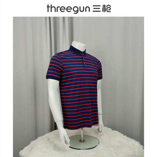 Threegun三枪 【丝柔棉】条纹珠地翻领短袖男士T恤衫-10511A011 商品图4