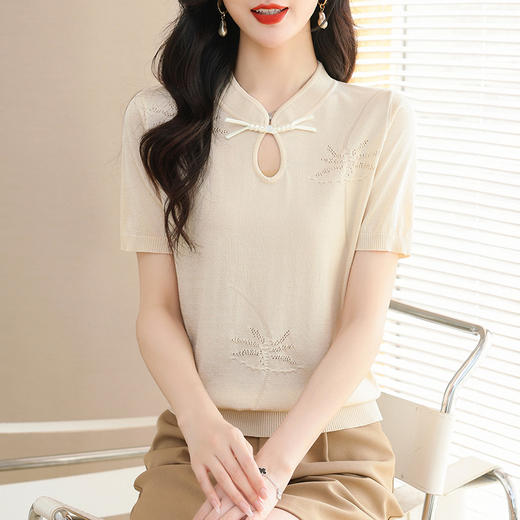 中式国风旗袍领上衣，冰丝短袖t恤天丝针织衫CC-103-17096 商品图3