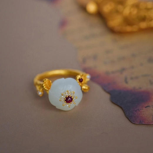 龢盒原创 醉眠芍药烟 18k金镶白玉戒指 商品图3