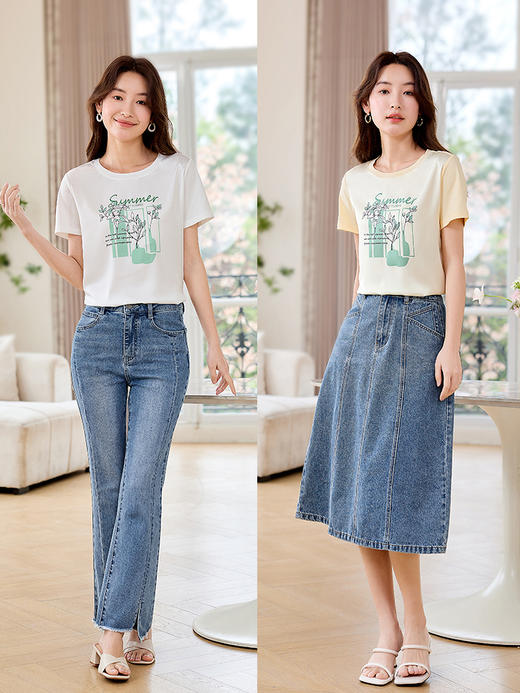 【专属特价】熙世界2025夏季新款小清新植物花卉印花T恤女短袖圆领体恤衫上衣 商品图4