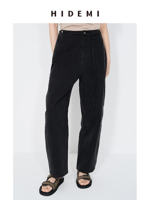 HIDEMI 【当当同款】做旧水洗棉羊腿茧型感牛仔裤长裤 军绿色/碳黑色 商品图5