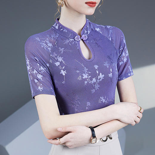 新中式半高领短袖小衫网纱提花T恤LA43907 商品图4