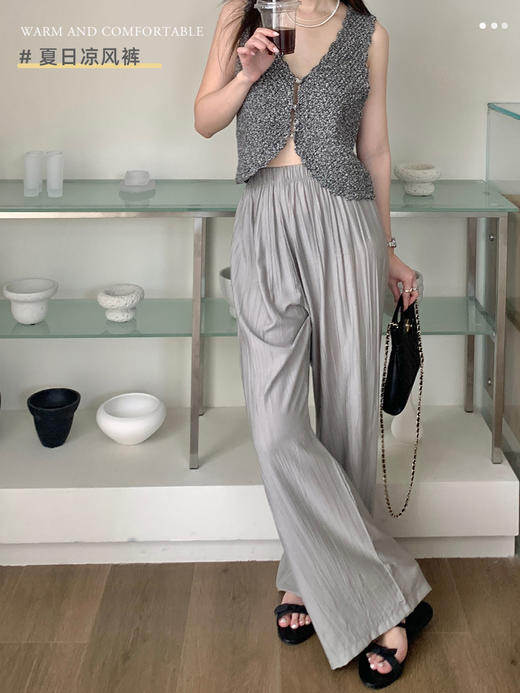 【夏日凉风裤】显瘦轻薄休闲裤 韩版透气长裤 高腰垂感微皱阔腿裤 商品图0